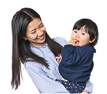 A mom and a son smiling