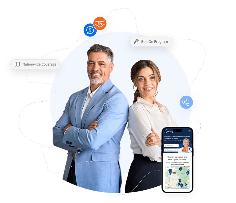 Two Apaly's Channel Partners smiling with some Apaly software screens around then